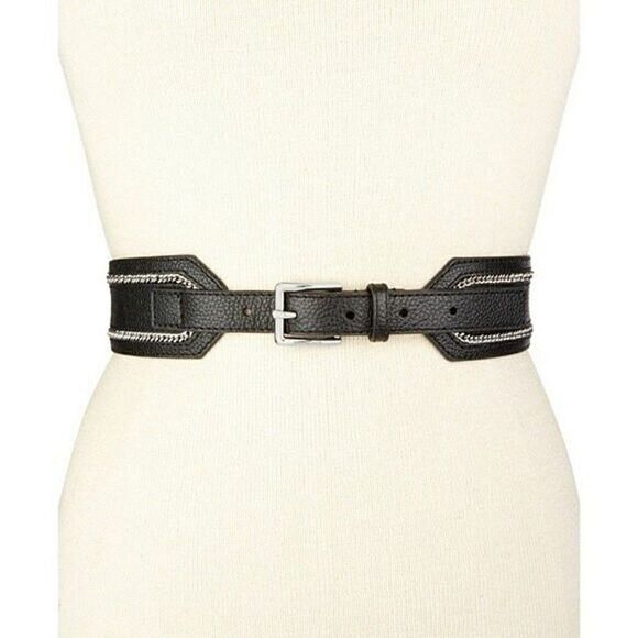 New! MICHAEL KORS Women's Pebbled Leather Black Belt With Chain Trim - Picture 1 of 5